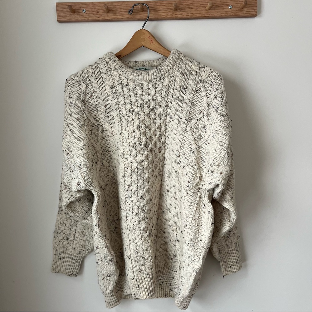 Aran crafts cable knit sweater speckled cream merino wool Irish Ireland XL